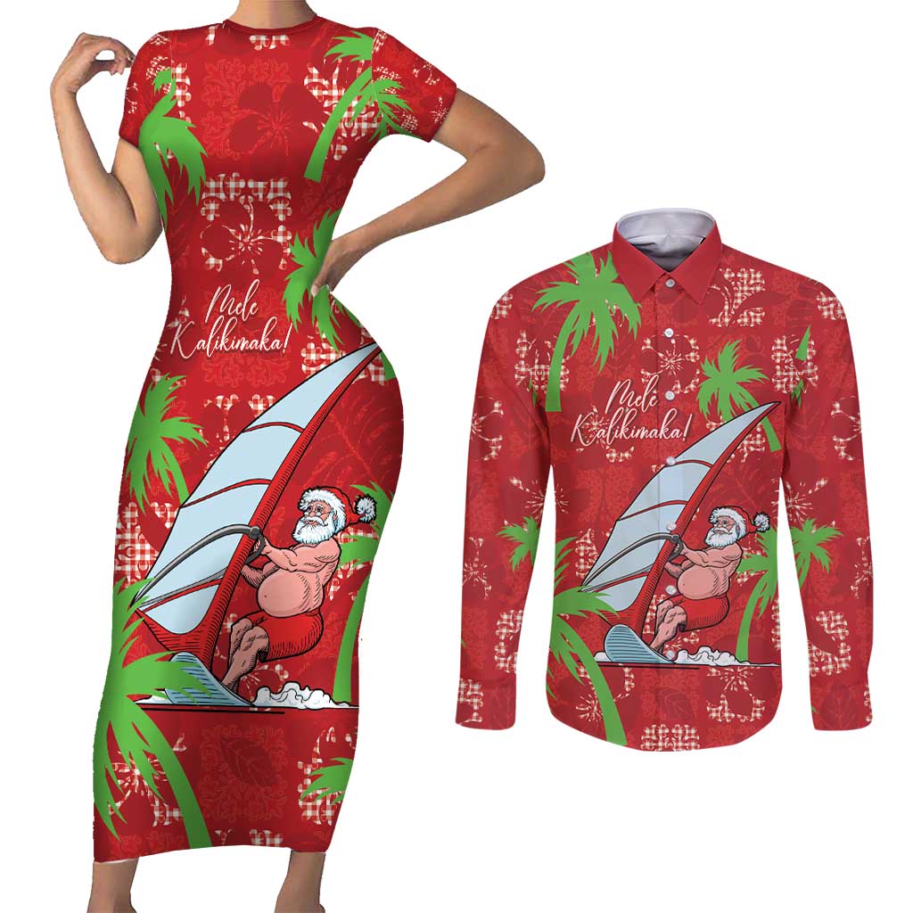 Aloha Hawaii Christmas Couples Matching Short Sleeve Bodycon Dress and Long Sleeve Button Shirt Mele Kalikimaka Windsurfing Santa Palaka Quilt Motifs LT14 Red - Polynesian Pride