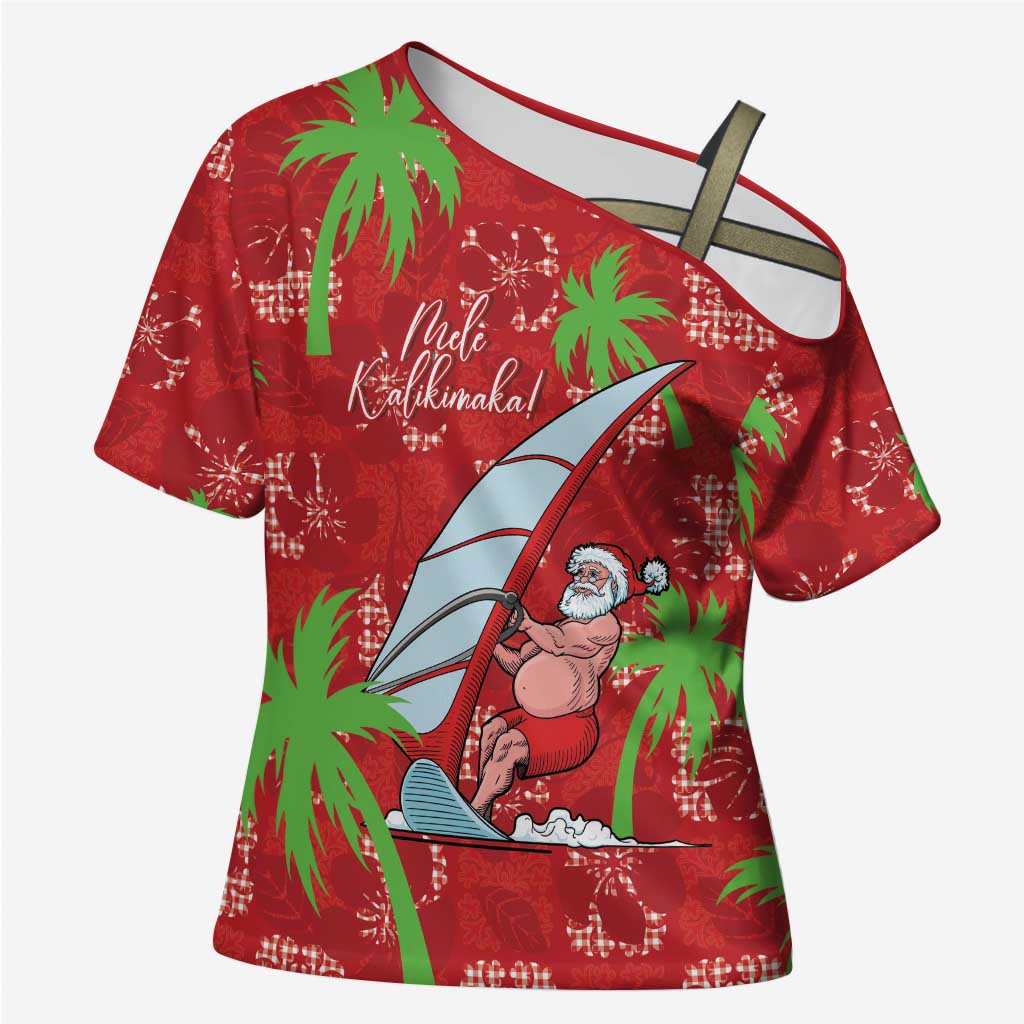 Aloha Hawaii Christmas Cross Shoulder Shirt Mele Kalikimaka Windsurfing Santa Palaka Quilt Motifs LT14 Female Red - Polynesian Pride