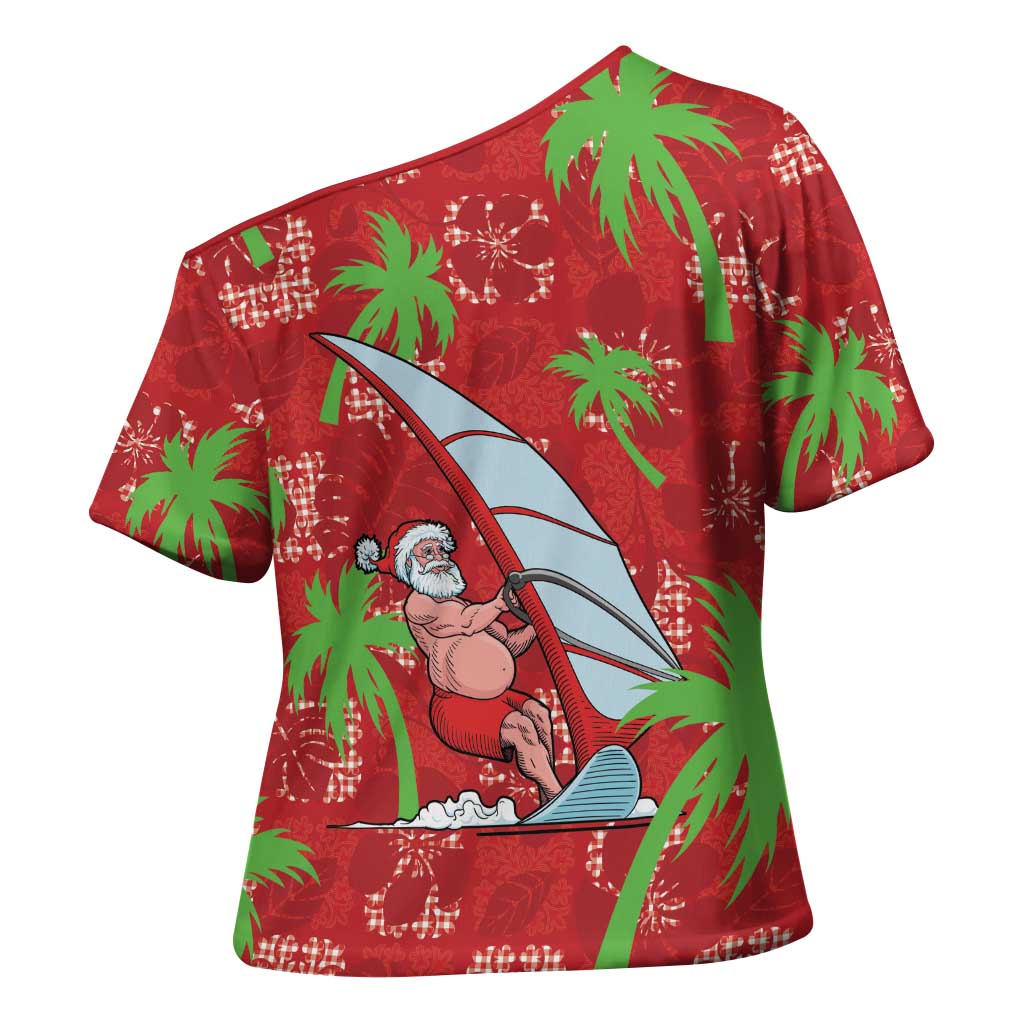 Aloha Hawaii Christmas Cross Shoulder Shirt Mele Kalikimaka Windsurfing Santa Palaka Quilt Motifs LT14 - Polynesian Pride