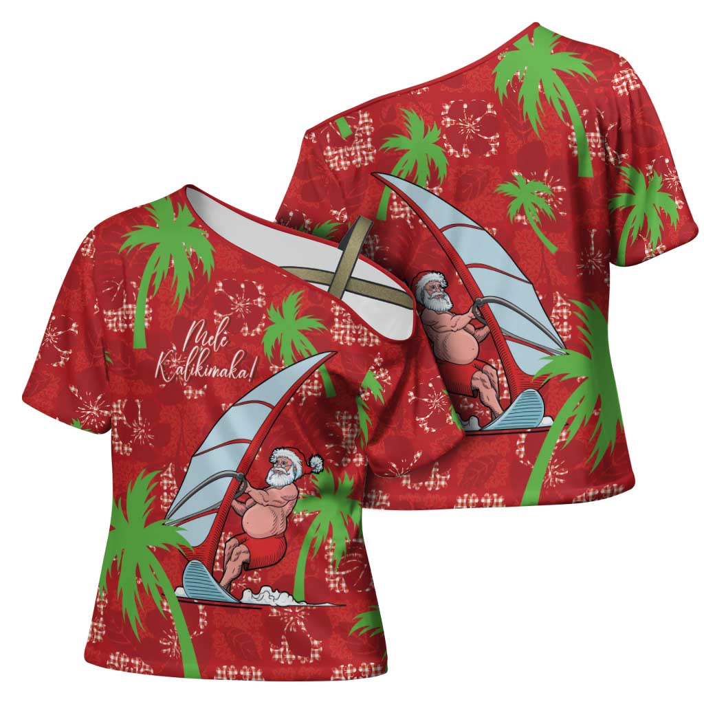 Aloha Hawaii Christmas Cross Shoulder Shirt Mele Kalikimaka Windsurfing Santa Palaka Quilt Motifs LT14 - Polynesian Pride