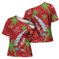 Aloha Hawaii Christmas Cross Shoulder Shirt Mele Kalikimaka Windsurfing Santa Palaka Quilt Motifs LT14 - Polynesian Pride