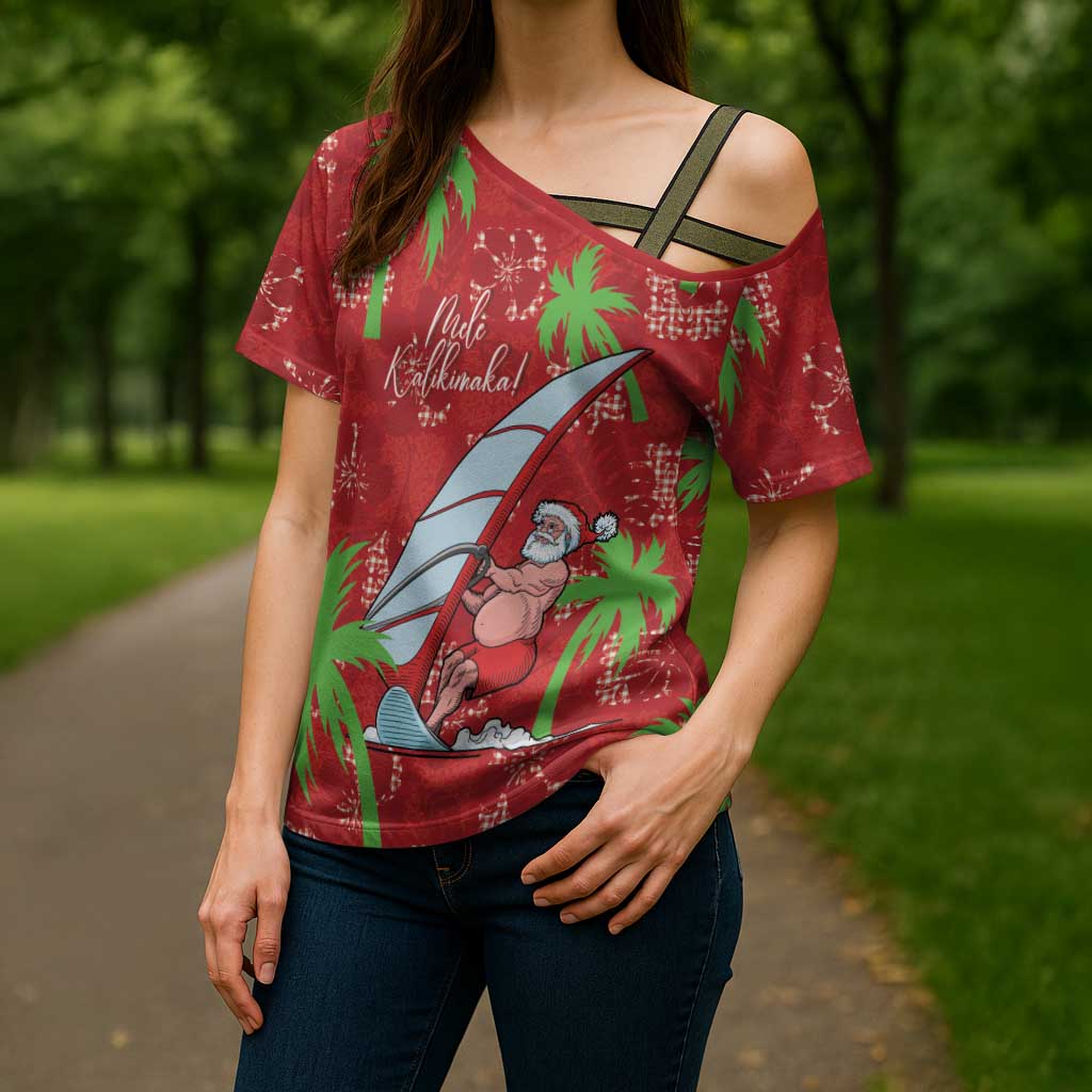 Aloha Hawaii Christmas Cross Shoulder Shirt Mele Kalikimaka Windsurfing Santa Palaka Quilt Motifs LT14 - Polynesian Pride