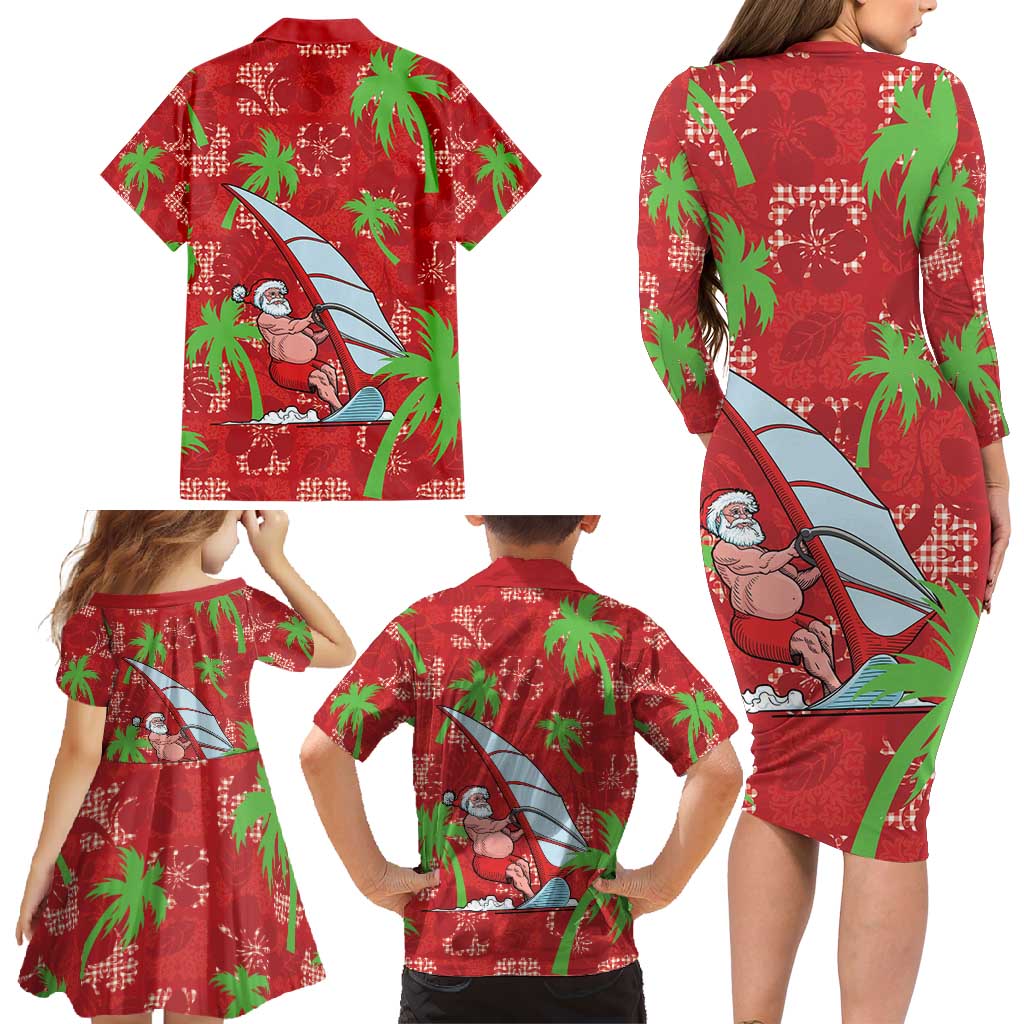 Aloha Hawaii Christmas Family Matching Long Sleeve Bodycon Dress and Hawaiian Shirt Mele Kalikimaka Windsurfing Santa Palaka Quilt Motifs LT14 - Polynesian Pride