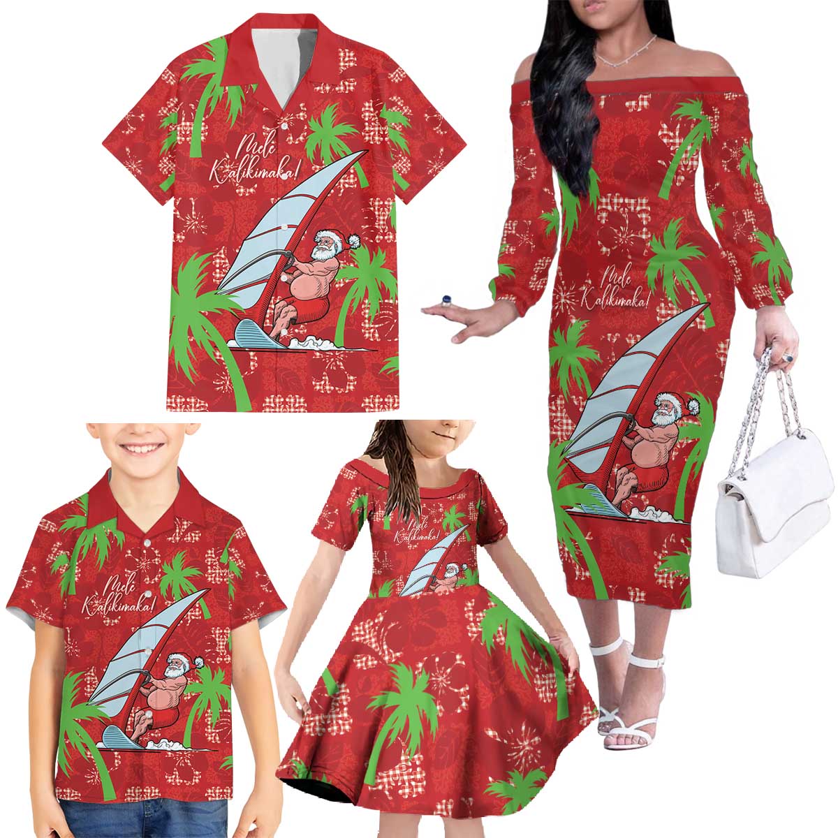Aloha Hawaii Christmas Family Matching Off The Shoulder Long Sleeve Dress and Hawaiian Shirt Mele Kalikimaka Windsurfing Santa Palaka Quilt Motifs LT14 - Polynesian Pride
