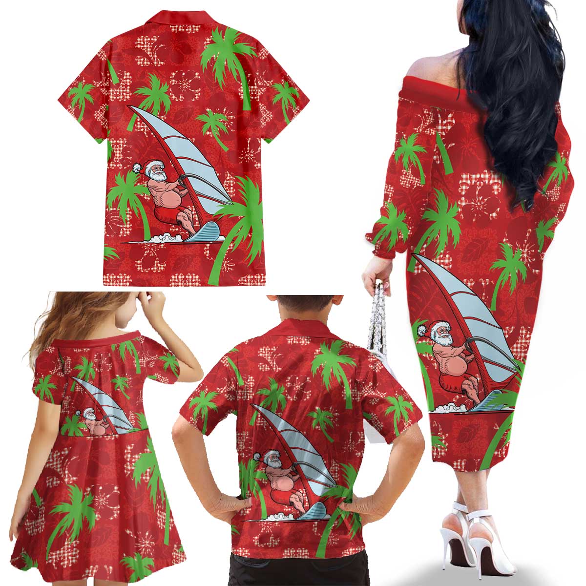 Aloha Hawaii Christmas Family Matching Off The Shoulder Long Sleeve Dress and Hawaiian Shirt Mele Kalikimaka Windsurfing Santa Palaka Quilt Motifs LT14 - Polynesian Pride