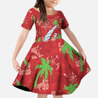 Aloha Hawaii Christmas Family Matching Off Shoulder Maxi Dress and Hawaiian Shirt Mele Kalikimaka Windsurfing Santa Palaka Quilt Motifs LT14 Daughter's Dress Red - Polynesian Pride