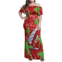 Aloha Hawaii Christmas Family Matching Off Shoulder Maxi Dress and Hawaiian Shirt Mele Kalikimaka Windsurfing Santa Palaka Quilt Motifs LT14 Mom's Dress Red - Polynesian Pride
