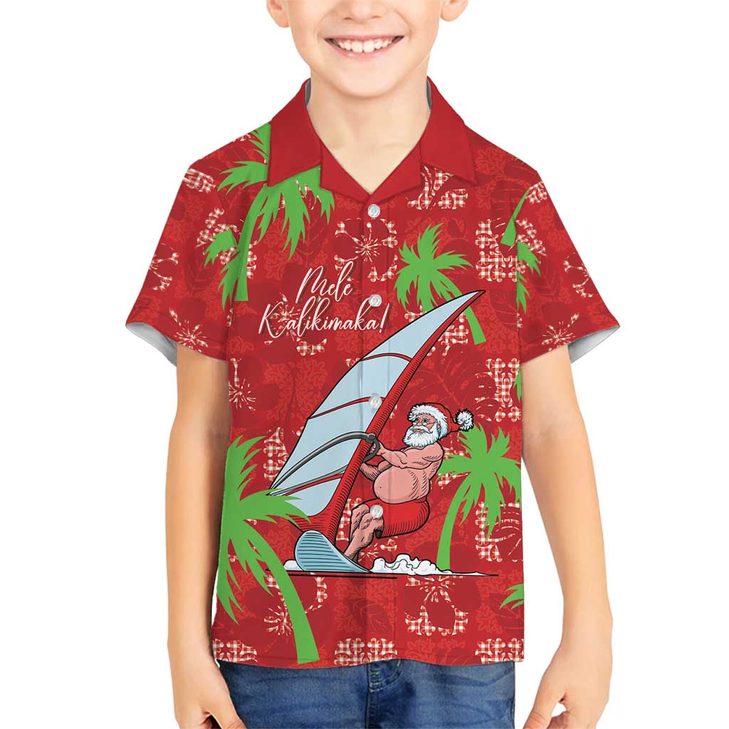 Aloha Hawaii Christmas Family Matching Off Shoulder Maxi Dress and Hawaiian Shirt Mele Kalikimaka Windsurfing Santa Palaka Quilt Motifs LT14 Son's Shirt Red - Polynesian Pride