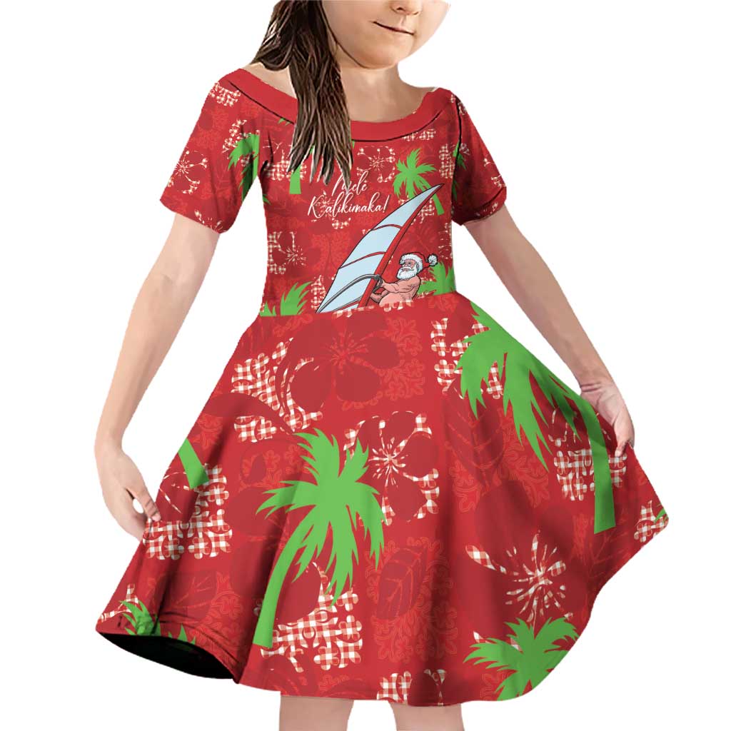 Aloha Hawaii Christmas Family Matching Off Shoulder Short Dress and Hawaiian Shirt Mele Kalikimaka Windsurfing Santa Palaka Quilt Motifs LT14 Daughter's Dress Red - Polynesian Pride