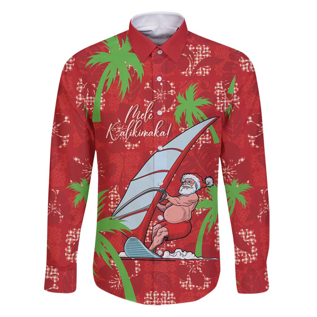 Aloha Hawaii Christmas Family Matching Puletasi and Hawaiian Shirt Mele Kalikimaka Windsurfing Santa Palaka Quilt Motifs LT14 Dad's Shirt - Long Sleeve Red - Polynesian Pride