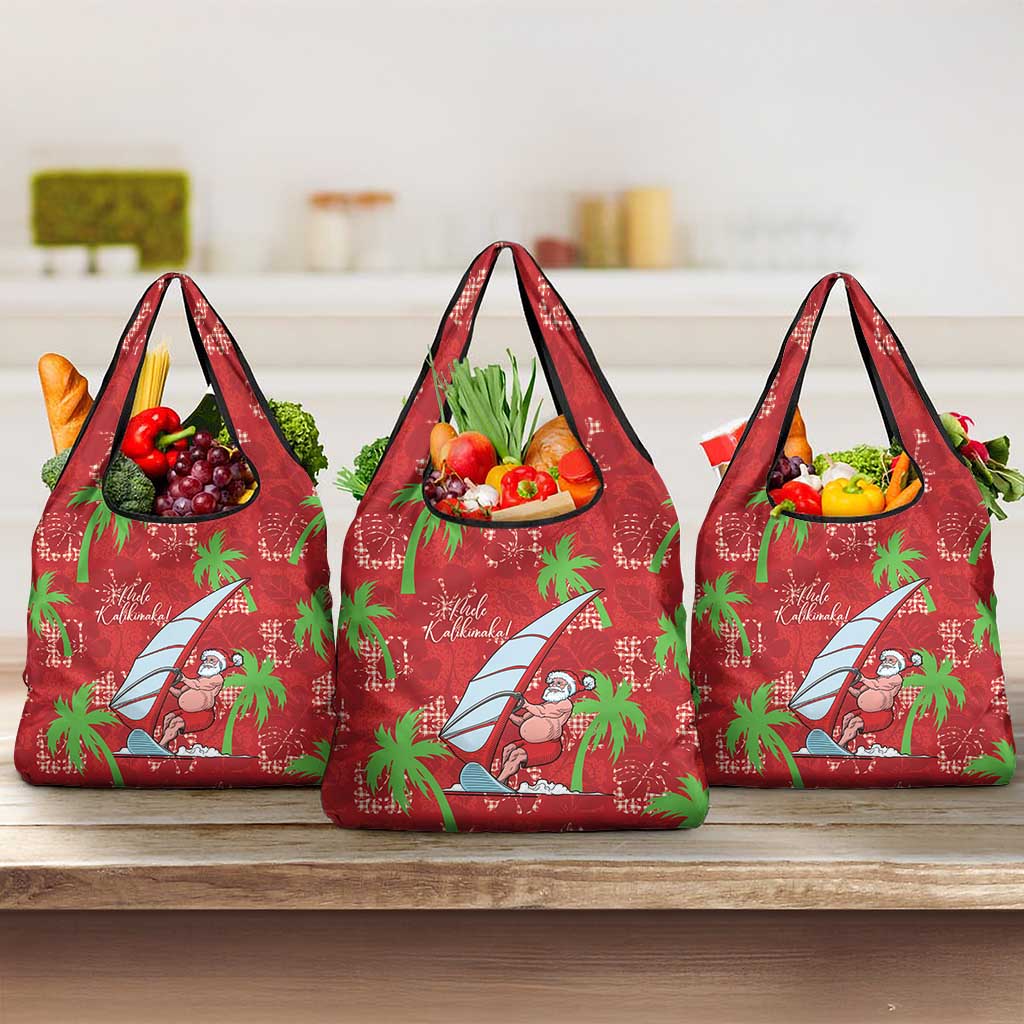 Aloha Hawaii Christmas Grocery Bag Mele Kalikimaka Windsurfing Santa Palaka Quilt Motifs LT14 3-pack One Size Red - Polynesian Pride