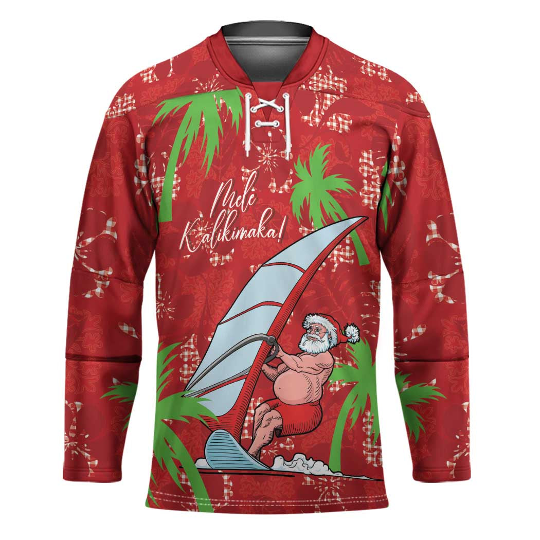 Aloha Hawaii Christmas Hockey Jersey Mele Kalikimaka Windsurfing Santa Palaka Quilt Motifs - Polynesian Pride