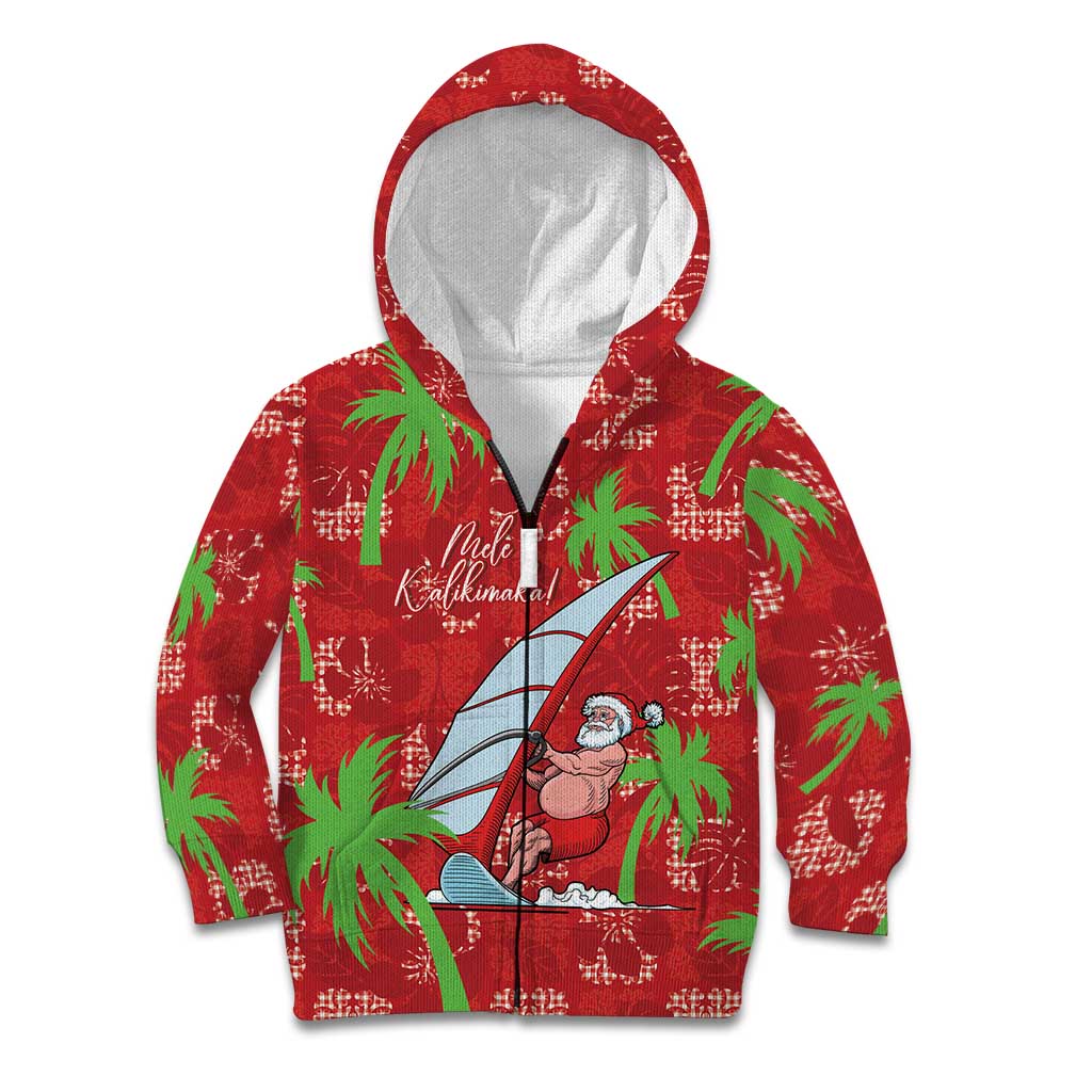 Aloha Hawaii Christmas Kid Hoodie Mele Kalikimaka Windsurfing Santa Palaka Quilt Motifs LT14 Zip Hoodie Red - Polynesian Pride