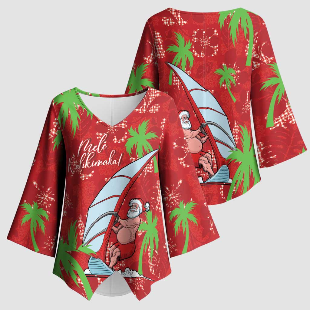 Aloha Hawaii Christmas Kimono Sleeve Blouse Mele Kalikimaka Windsurfing Santa Palaka Quilt Motifs LT14 - Polynesian Pride