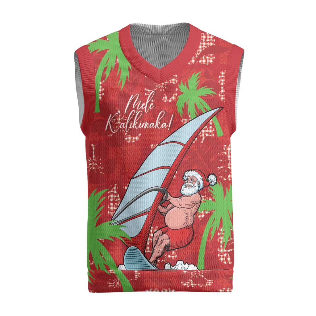 Aloha Hawaii Christmas Knitted V-Neck Vest Mele Kalikimaka Windsurfing Santa Palaka Quilt Motifs LT14 Red - Polynesian Pride