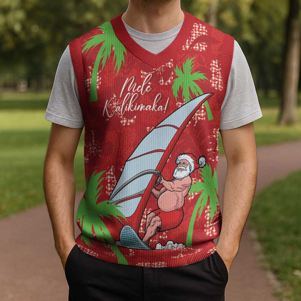 Aloha Hawaii Christmas Knitted V-Neck Vest Mele Kalikimaka Windsurfing Santa Palaka Quilt Motifs LT14 - Polynesian Pride