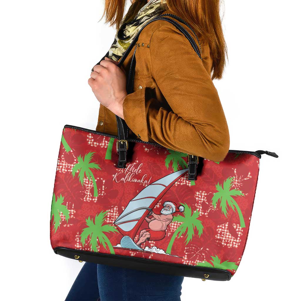 Aloha Hawaii Christmas Leather Tote Bag Mele Kalikimaka Windsurfing Santa Palaka Quilt Motifs LT14 Red - Polynesian Pride