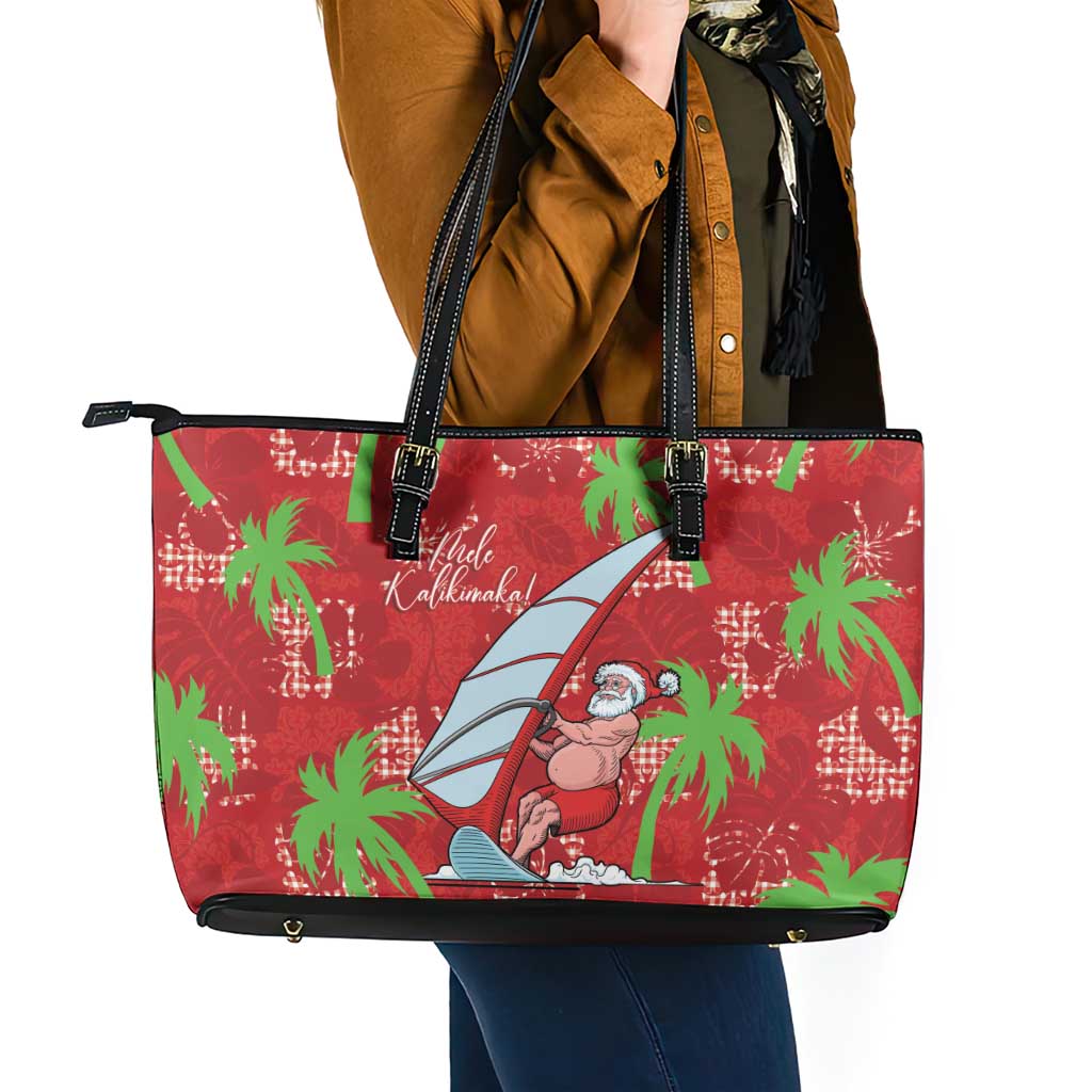 Aloha Hawaii Christmas Leather Tote Bag Mele Kalikimaka Windsurfing Santa Palaka Quilt Motifs LT14 - Polynesian Pride