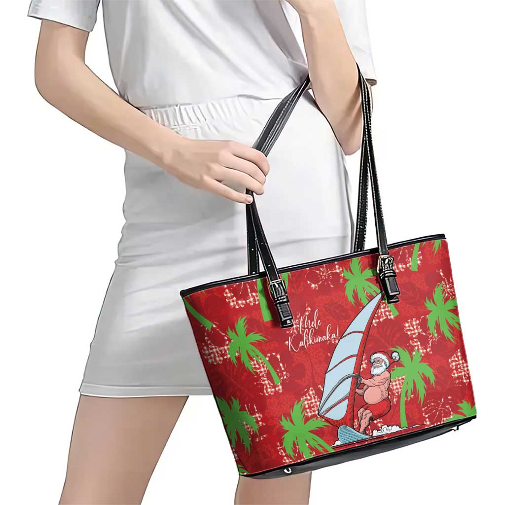 Aloha Hawaii Christmas Leather Tote Bag Mele Kalikimaka Windsurfing Santa Palaka Quilt Motifs LT14 - Polynesian Pride