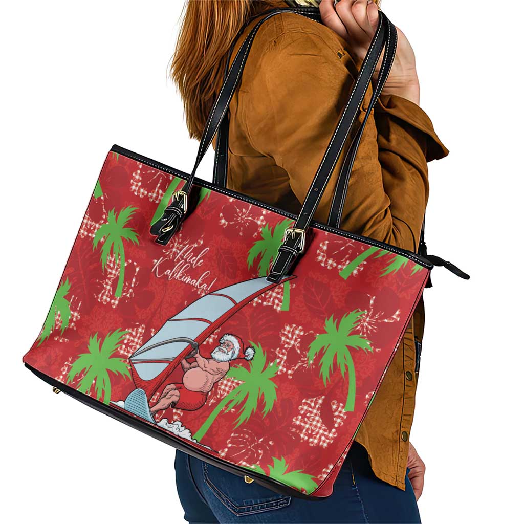 Aloha Hawaii Christmas Leather Tote Bag Mele Kalikimaka Windsurfing Santa Palaka Quilt Motifs LT14 - Polynesian Pride
