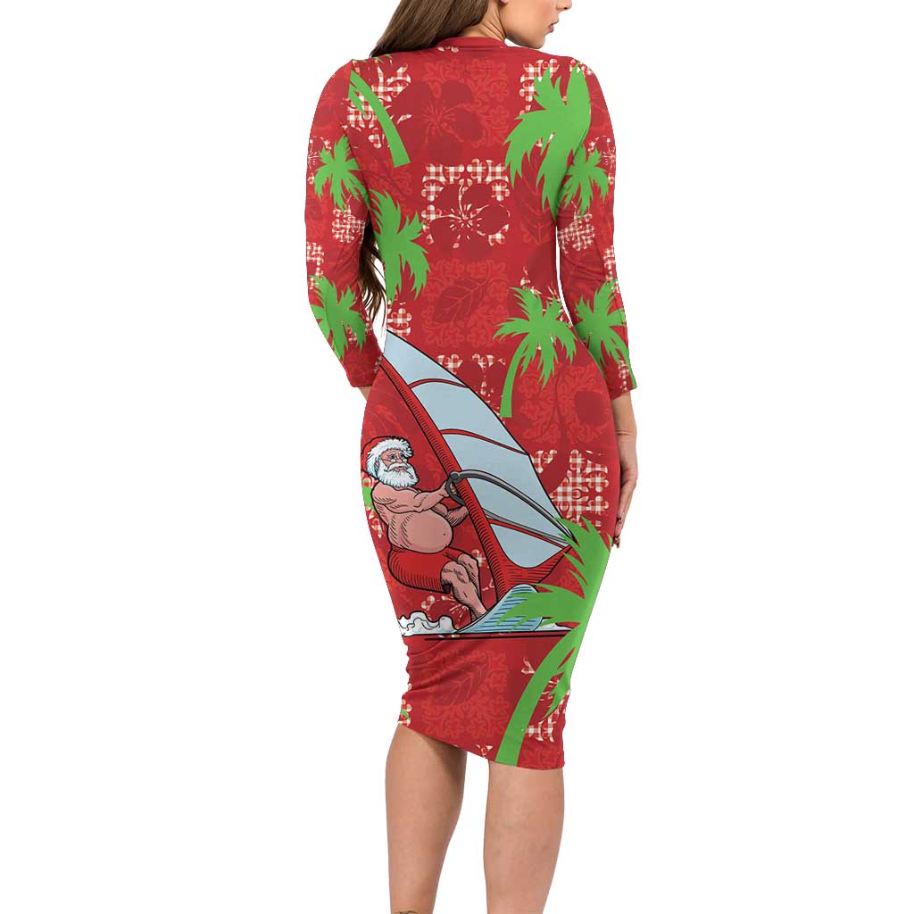 Aloha Hawaii Christmas Long Sleeve Bodycon Dress Mele Kalikimaka Windsurfing Santa Palaka Quilt Motifs LT14 - Polynesian Pride