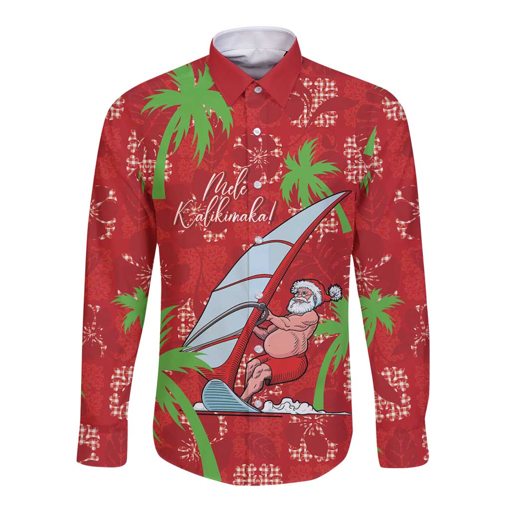 Aloha Hawaii Christmas Long Sleeve Button Shirt Mele Kalikimaka Windsurfing Santa Palaka Quilt Motifs LT14 Unisex Red - Polynesian Pride