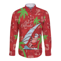 Aloha Hawaii Christmas Long Sleeve Button Shirt Mele Kalikimaka Windsurfing Santa Palaka Quilt Motifs LT14 Unisex Red - Polynesian Pride