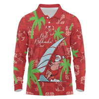 Aloha Hawaii Christmas Long Sleeve Polo Shirt Mele Kalikimaka Windsurfing Santa Palaka Quilt Motifs LT14 Red - Polynesian Pride