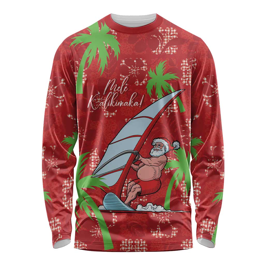 Aloha Hawaii Christmas Long Sleeve Shirt Mele Kalikimaka Windsurfing Santa Palaka Quilt Motifs LT14 Unisex Red - Polynesian Pride