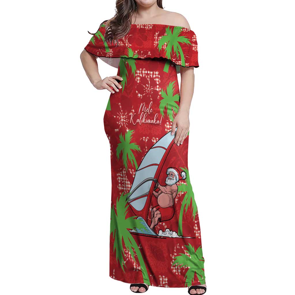 Aloha Hawaii Christmas Off Shoulder Maxi Dress Mele Kalikimaka Windsurfing Santa Palaka Quilt Motifs LT14 Women Red - Polynesian Pride