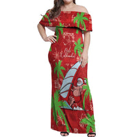 Aloha Hawaii Christmas Off Shoulder Maxi Dress Mele Kalikimaka Windsurfing Santa Palaka Quilt Motifs LT14 Women Red - Polynesian Pride