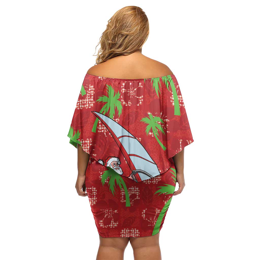 Aloha Hawaii Christmas Off Shoulder Short Dress Mele Kalikimaka Windsurfing Santa Palaka Quilt Motifs LT14 - Polynesian Pride