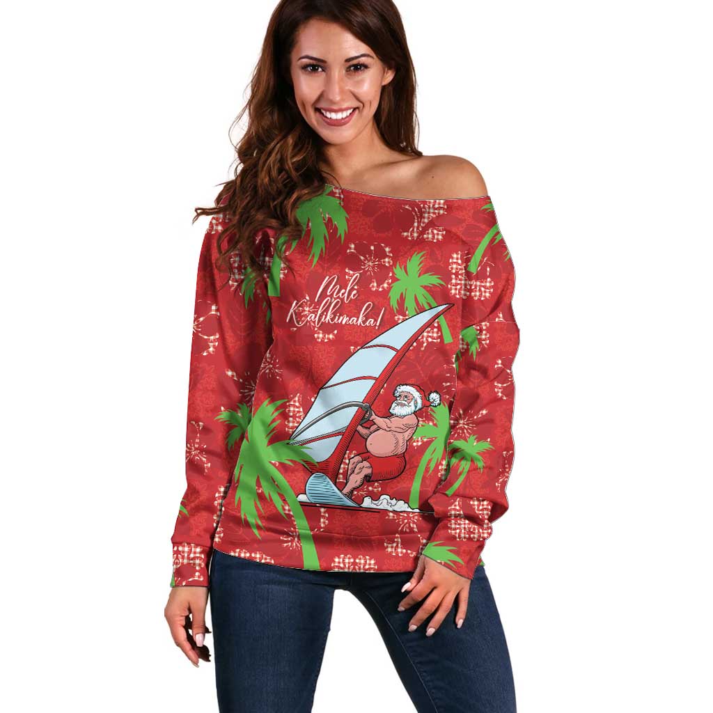 Aloha Hawaii Christmas Off Shoulder Sweater Mele Kalikimaka Windsurfing Santa Palaka Quilt Motifs LT14 Women Red - Polynesian Pride