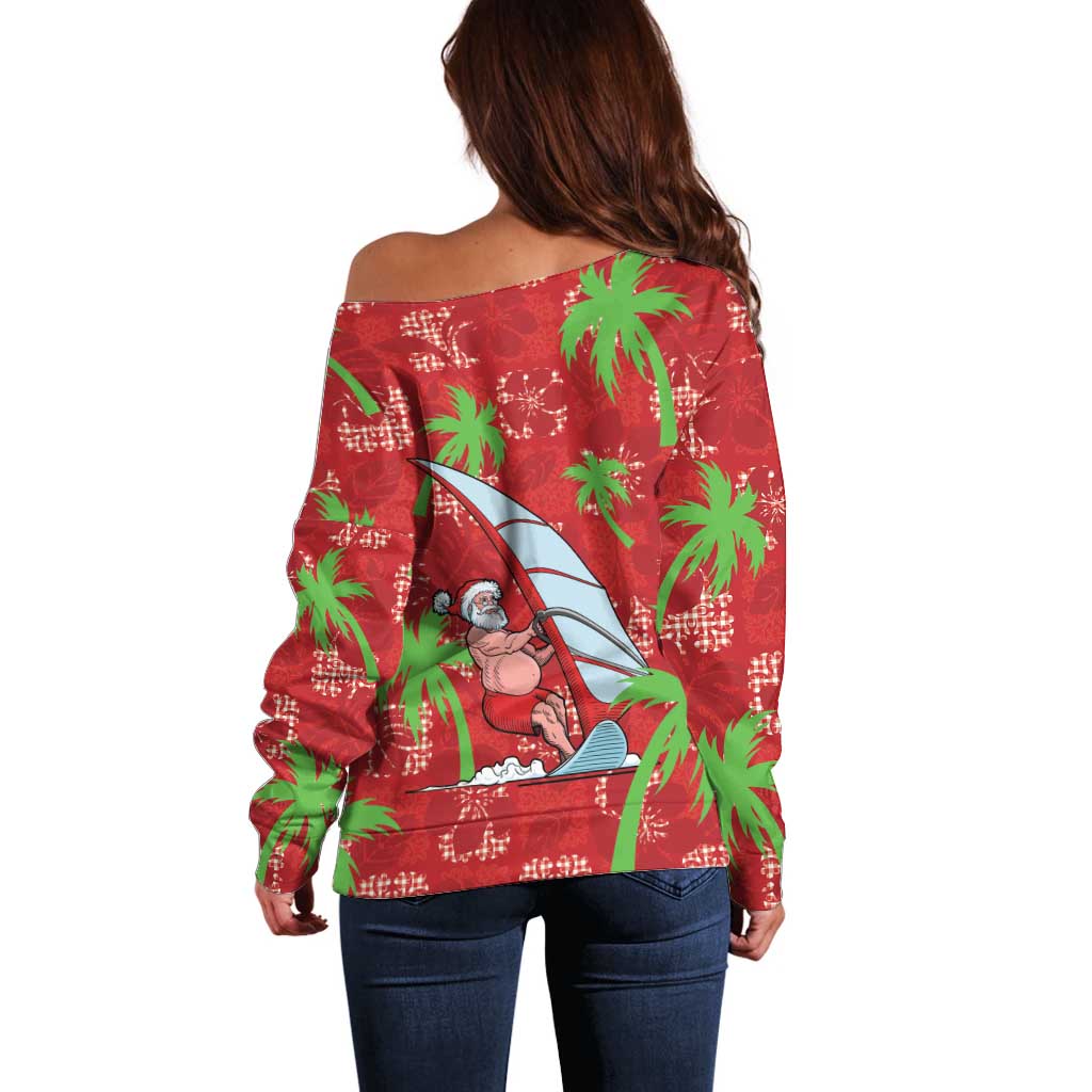 Aloha Hawaii Christmas Off Shoulder Sweater Mele Kalikimaka Windsurfing Santa Palaka Quilt Motifs LT14 - Polynesian Pride