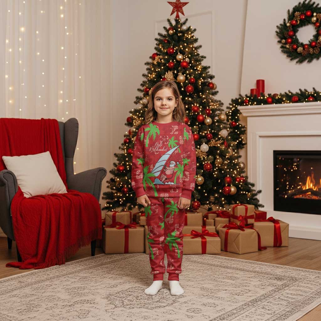 Aloha Hawaii Christmas Pajama Set Mele Kalikimaka Windsurfing Santa Palaka Quilt Motifs LT14 Kid Red - Polynesian Pride