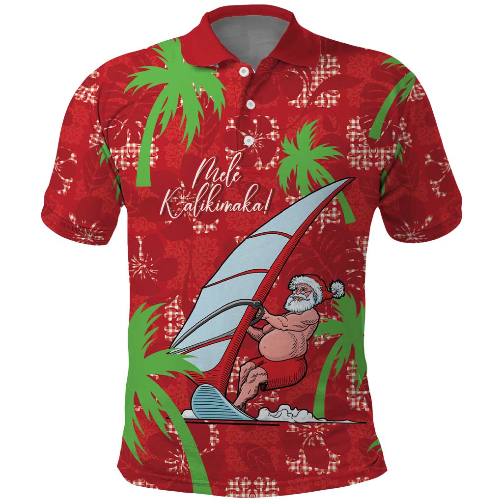 Aloha Hawaii Christmas Polo Shirt Mele Kalikimaka Windsurfing Santa Palaka Quilt Motifs LT14 Red - Polynesian Pride