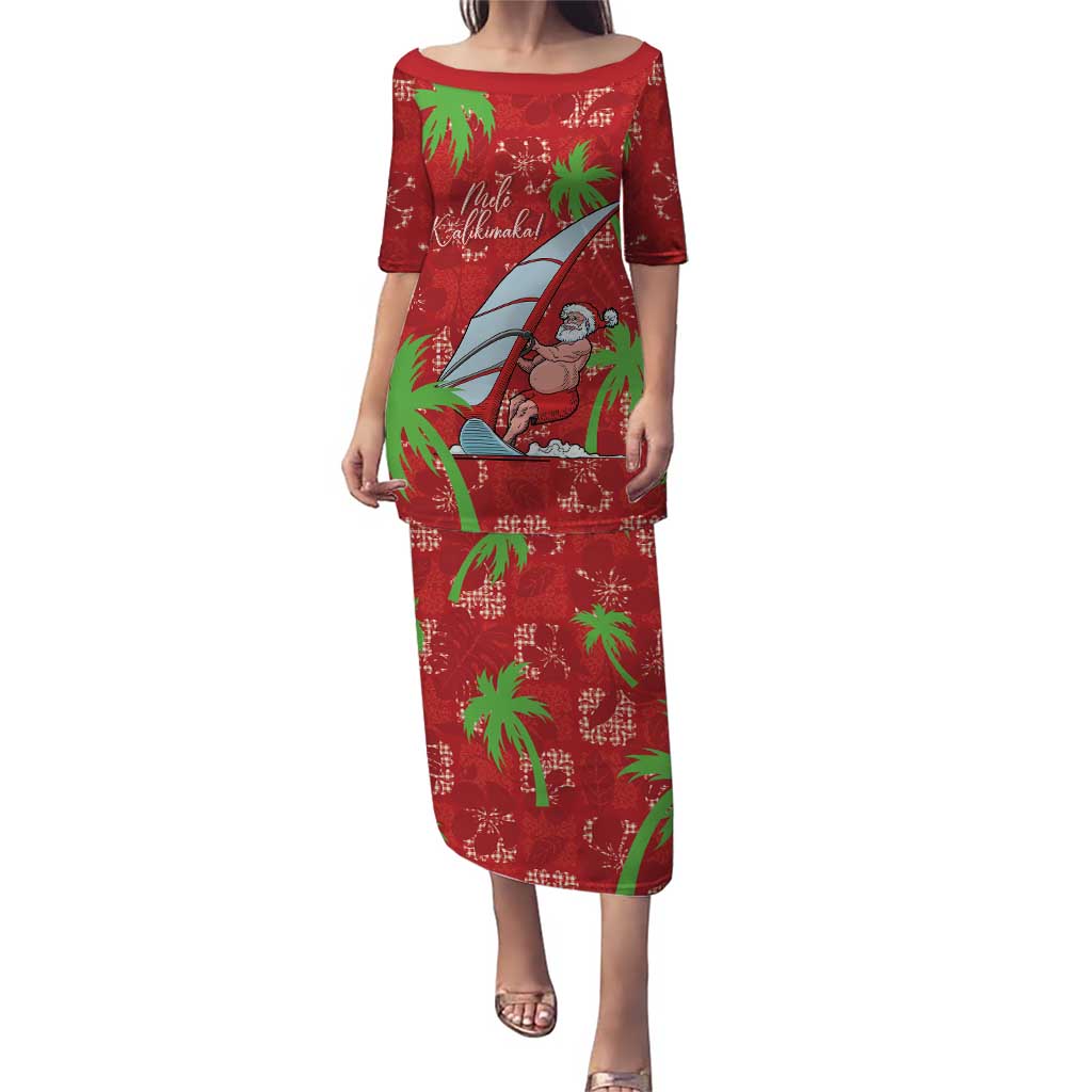 Aloha Hawaii Christmas Puletasi Mele Kalikimaka Windsurfing Santa Palaka Quilt Motifs LT14 Long Dress Red - Polynesian Pride