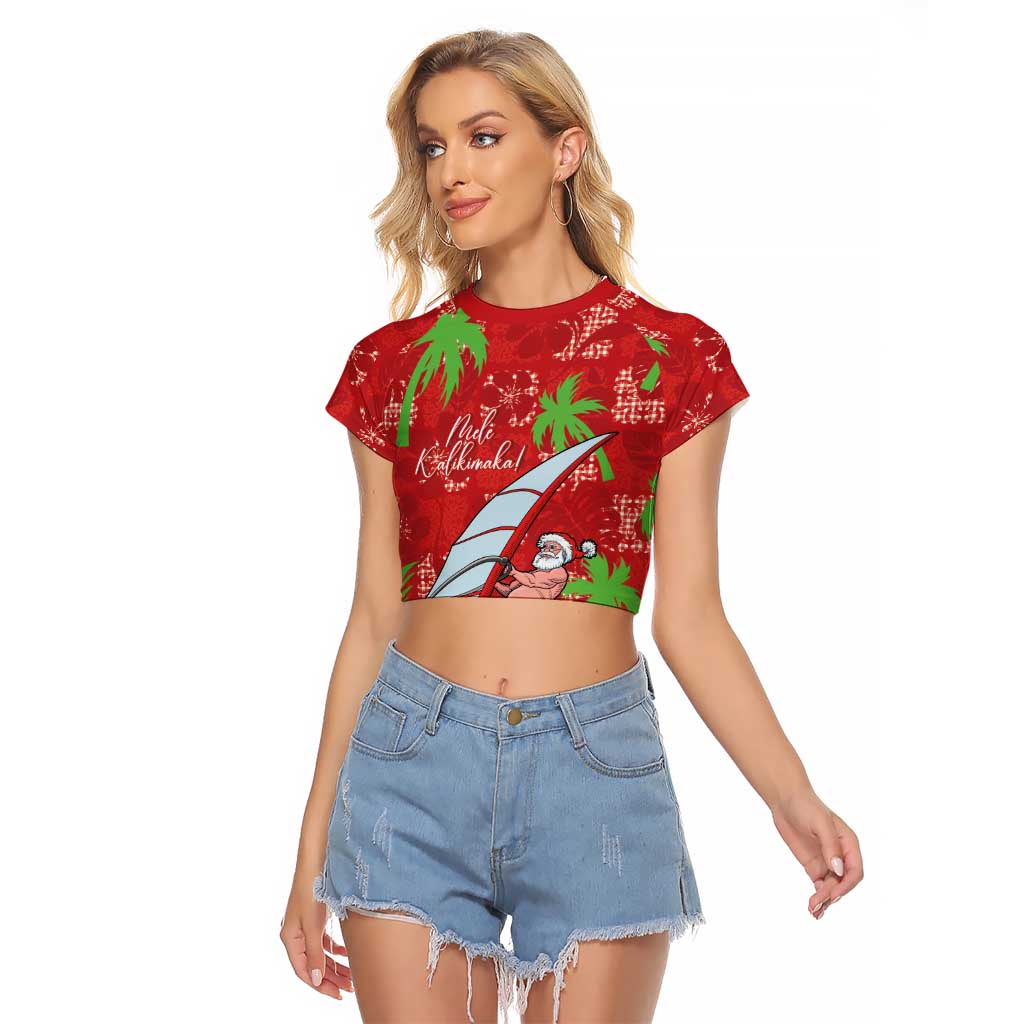 Aloha Hawaii Christmas Raglan Cropped T Shirt Mele Kalikimaka Windsurfing Santa Palaka Quilt Motifs LT14 Female Red - Polynesian Pride