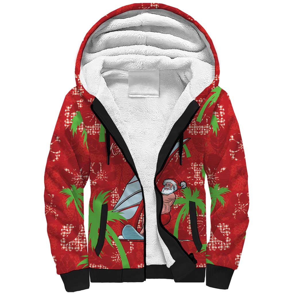 Aloha Hawaii Christmas Sherpa Hoodie Mele Kalikimaka Windsurfing Santa Palaka Quilt Motifs LT14 Unisex Red - Polynesian Pride