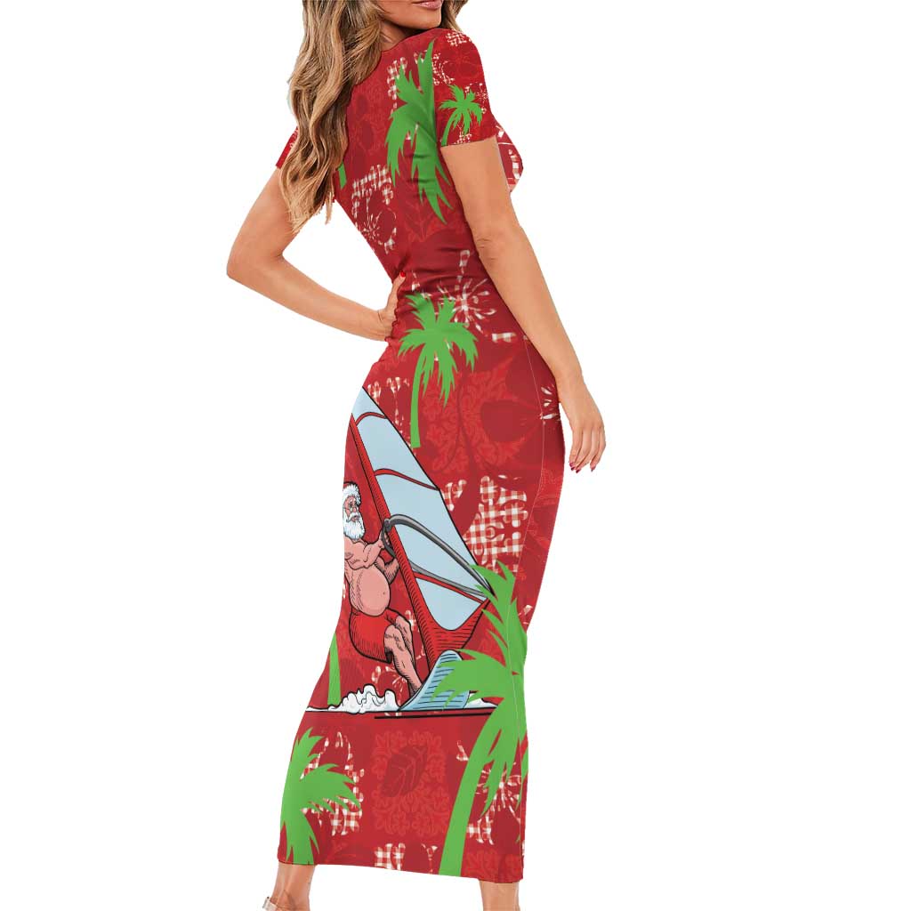 Aloha Hawaii Christmas Short Sleeve Bodycon Dress Mele Kalikimaka Windsurfing Santa Palaka Quilt Motifs LT14 - Polynesian Pride