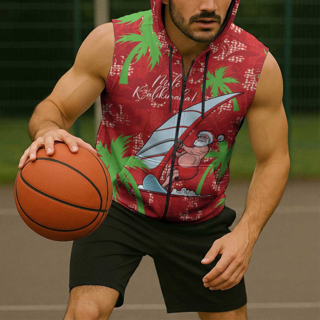 Aloha Hawaii Christmas Sleeveless Zip Hoodie Mele Kalikimaka Windsurfing Santa Palaka Quilt Motifs LT14 - Polynesian Pride