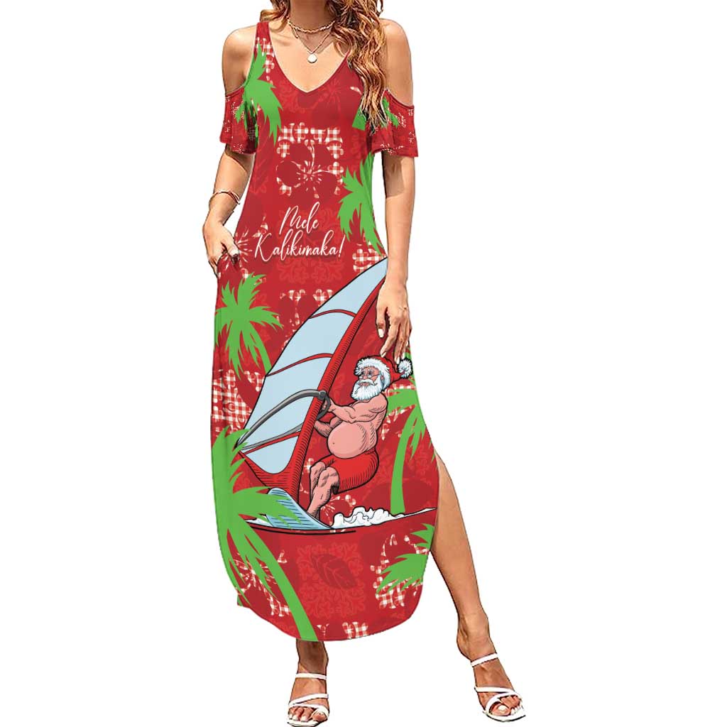Aloha Hawaii Christmas Summer Maxi Dress Mele Kalikimaka Windsurfing Santa Palaka Quilt Motifs LT14 Women Red - Polynesian Pride