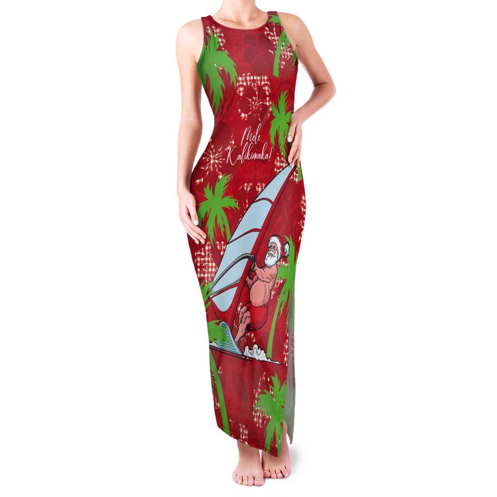 Aloha Hawaii Christmas Tank Maxi Dress Mele Kalikimaka Windsurfing Santa Palaka Quilt Motifs LT14 Women Red - Polynesian Pride