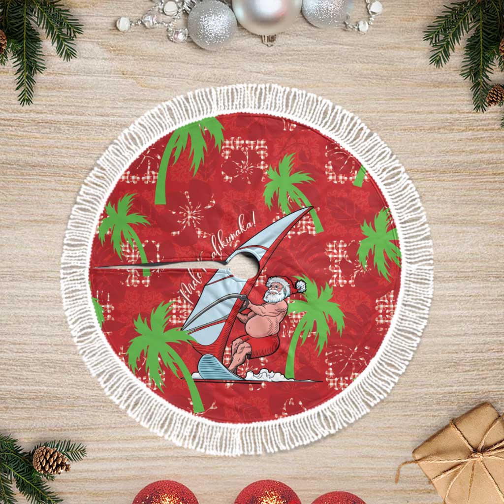 Aloha Hawaii Christmas Tree Skirt Mele Kalikimaka Windsurfing Santa Palaka Quilt Motifs LT14 Fringed Red - Polynesian Pride