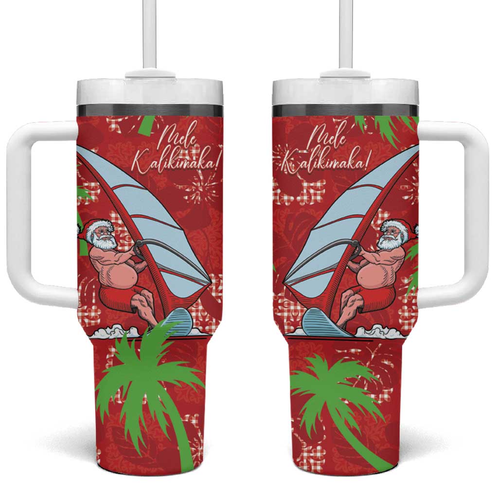Aloha Hawaii Christmas Tumbler With Handle Mele Kalikimaka Windsurfing Santa Palaka Quilt Motifs LT14 One Size: 40 oz Red - Polynesian Pride