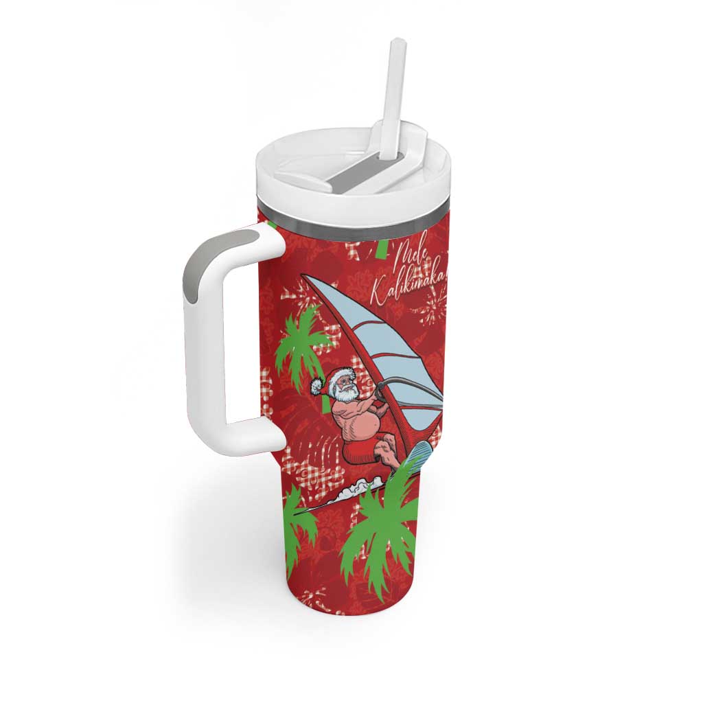 Aloha Hawaii Christmas Tumbler With Handle Mele Kalikimaka Windsurfing Santa Palaka Quilt Motifs LT14 - Polynesian Pride
