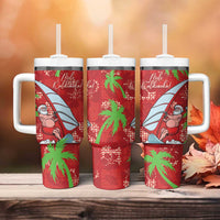 Aloha Hawaii Christmas Tumbler With Handle Mele Kalikimaka Windsurfing Santa Palaka Quilt Motifs LT14 - Polynesian Pride