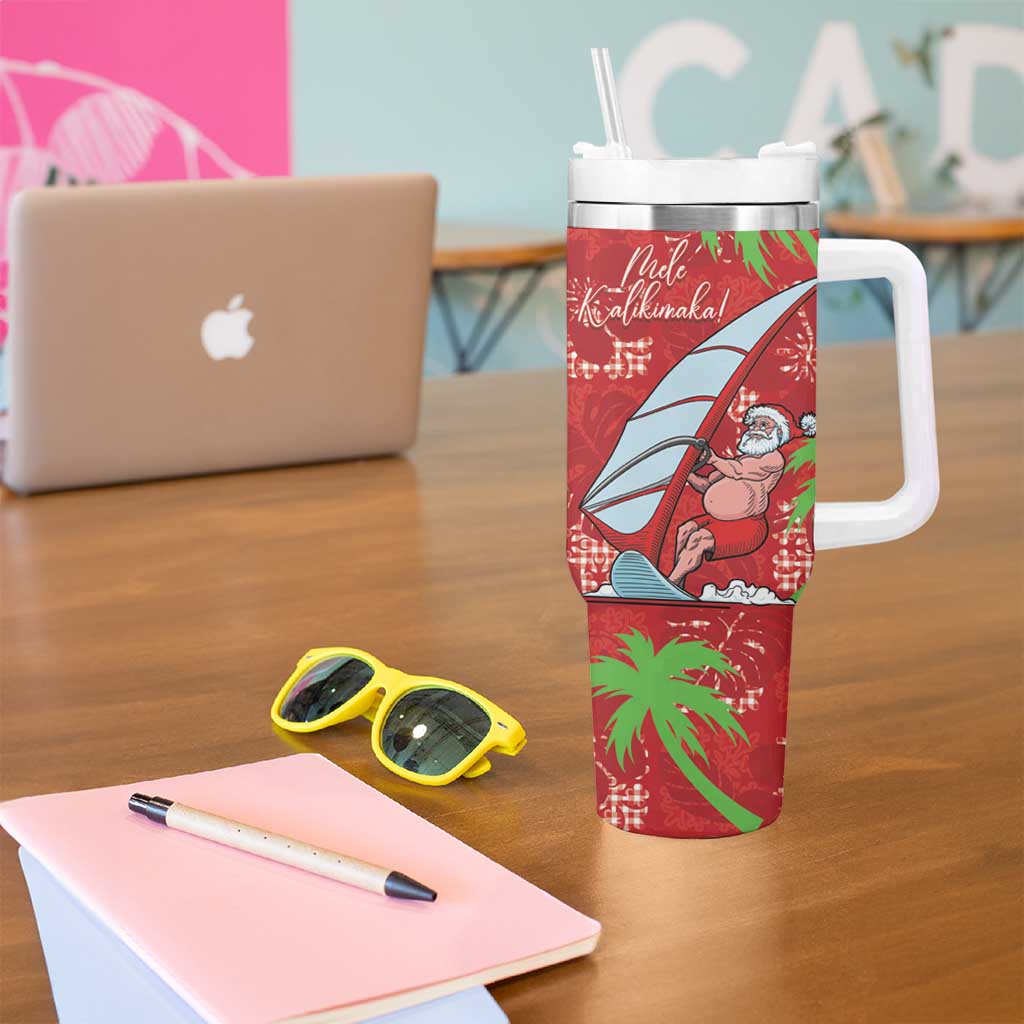 Aloha Hawaii Christmas Tumbler With Handle Mele Kalikimaka Windsurfing Santa Palaka Quilt Motifs LT14 - Polynesian Pride