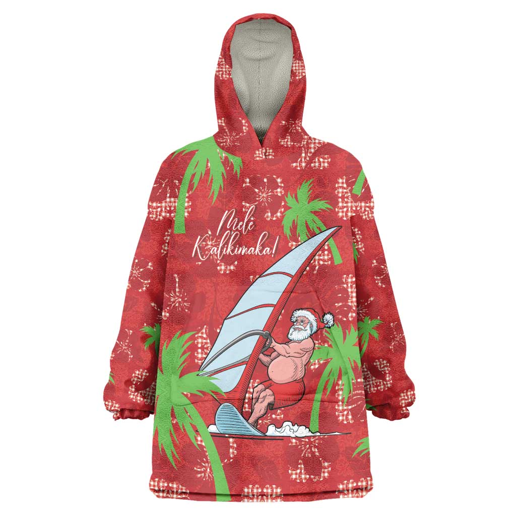 Aloha Hawaii Christmas Wearable Blanket Hoodie Mele Kalikimaka Windsurfing Santa Palaka Quilt Motifs LT14 One Size Red - Polynesian Pride