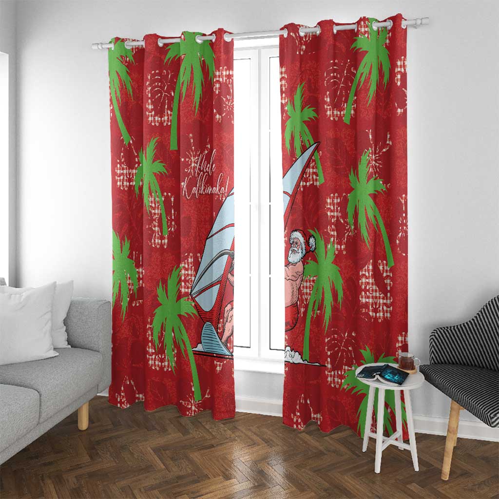 Aloha Hawaii Christmas Window Curtain Mele Kalikimaka Windsurfing Santa Palaka Quilt Motifs LT14 With Grommets Red - Polynesian Pride